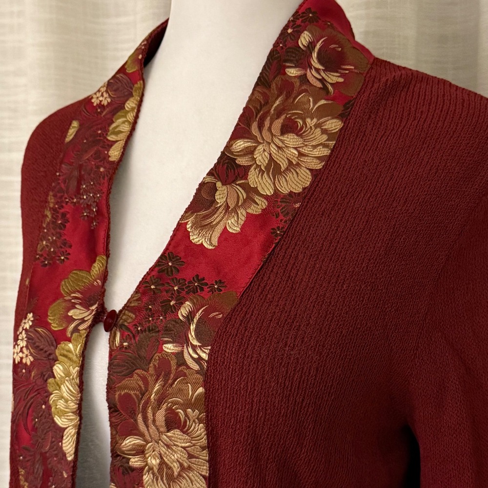 Ball of Cotton Red Textured Knit Cardigan‎ with Floral Brocade Trim Women's S